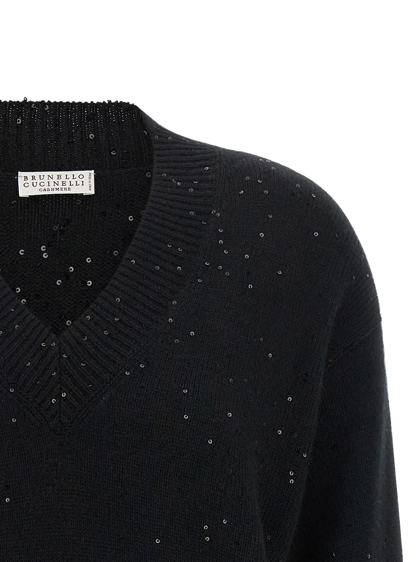 Cardigan by Brunello Cucinelli for women in silk cashmere & sequins black showcases a captivating silhouette, artfully detailed with a captivating and v-neck neckline for a truly sophisticated captivating look.