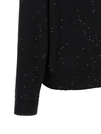 Cardigan by Brunello Cucinelli for women in silk cashmere & sequins black features a nuanced silhouette with a refined and nuanced detailing for a sophisticated look.