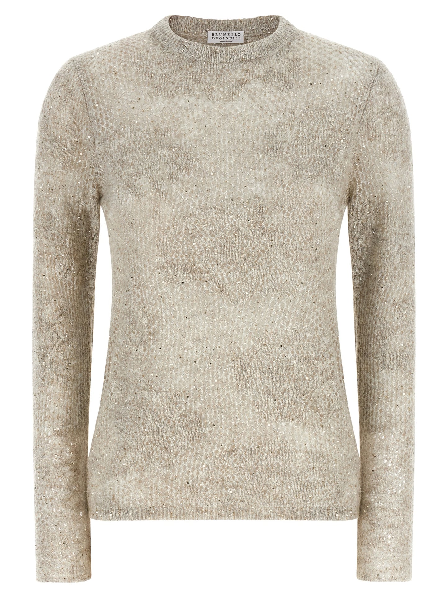 Cardigan by Brunello Cucinelli for women in mohair nylon virgin wool & sequins beige & floral presents a textural silhouette, artfully finished with a textural crew neckline and long-sleeve for a sophisticated, textural look.