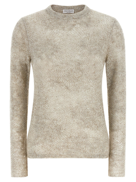 Cardigan by Brunello Cucinelli for women in mohair nylon virgin wool & sequins beige & floral presents a textural silhouette, artfully finished with a textural crew neckline and long-sleeve for a sophisticated, textural look.