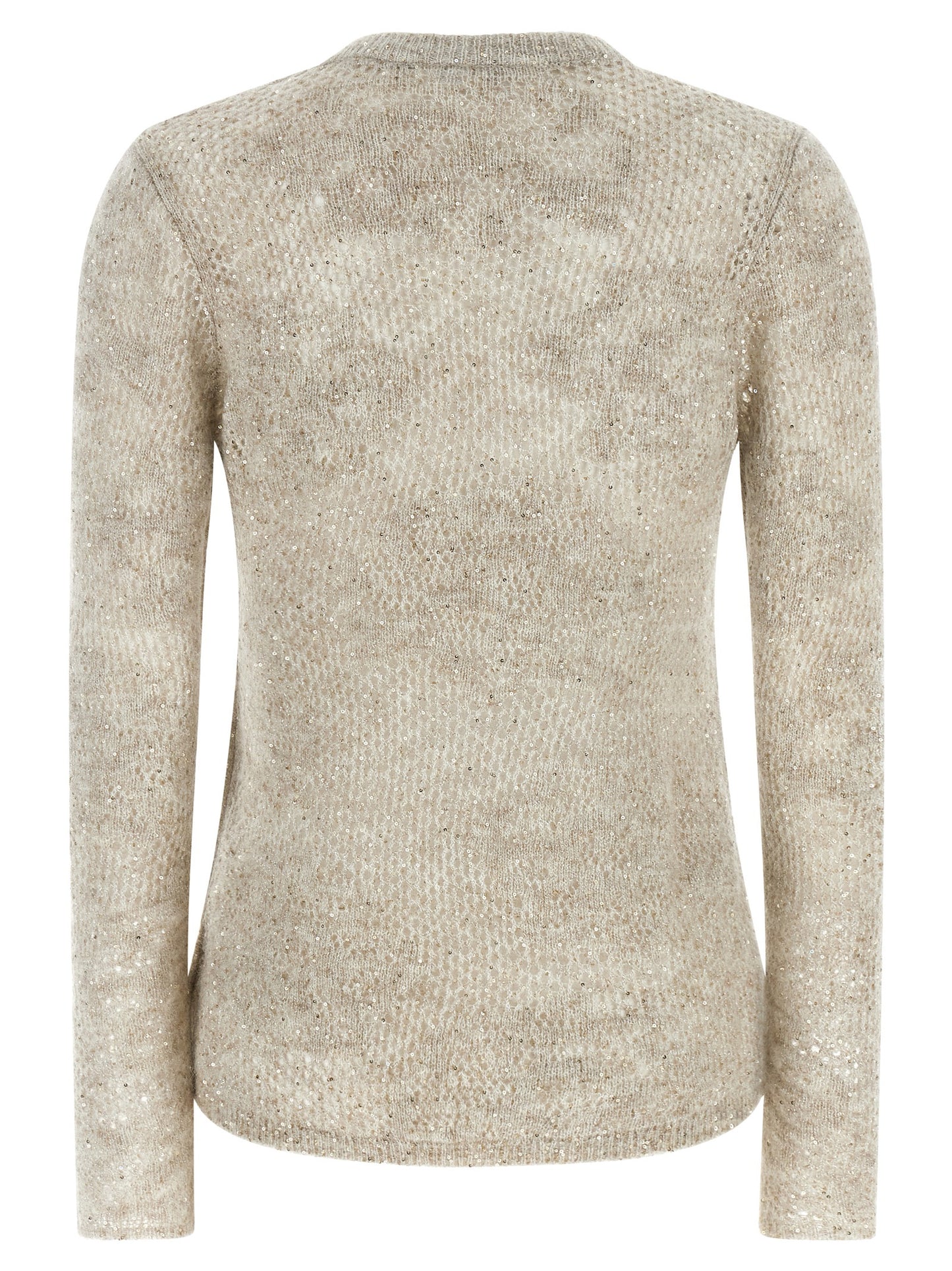 Cardigan by Brunello Cucinelli for women in mohair nylon virgin wool & sequins beige & floral features a nuanced silhouette with a refined crew neckline and nuanced detailing for a sophisticated look.