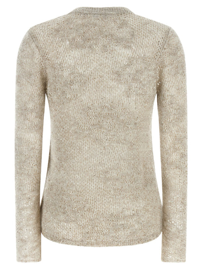 Cardigan by Brunello Cucinelli for women in mohair nylon virgin wool & sequins beige & floral features a nuanced silhouette with a refined crew neckline and nuanced detailing for a sophisticated look.