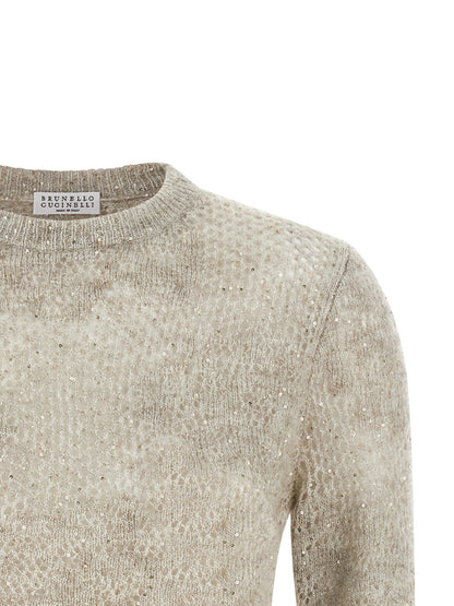 Cardigan by Brunello Cucinelli for women in mohair nylon virgin wool & sequins beige & floral showcases a captivating silhouette, artfully detailed with a captivating and crew neckline for a truly sophisticated captivating look.