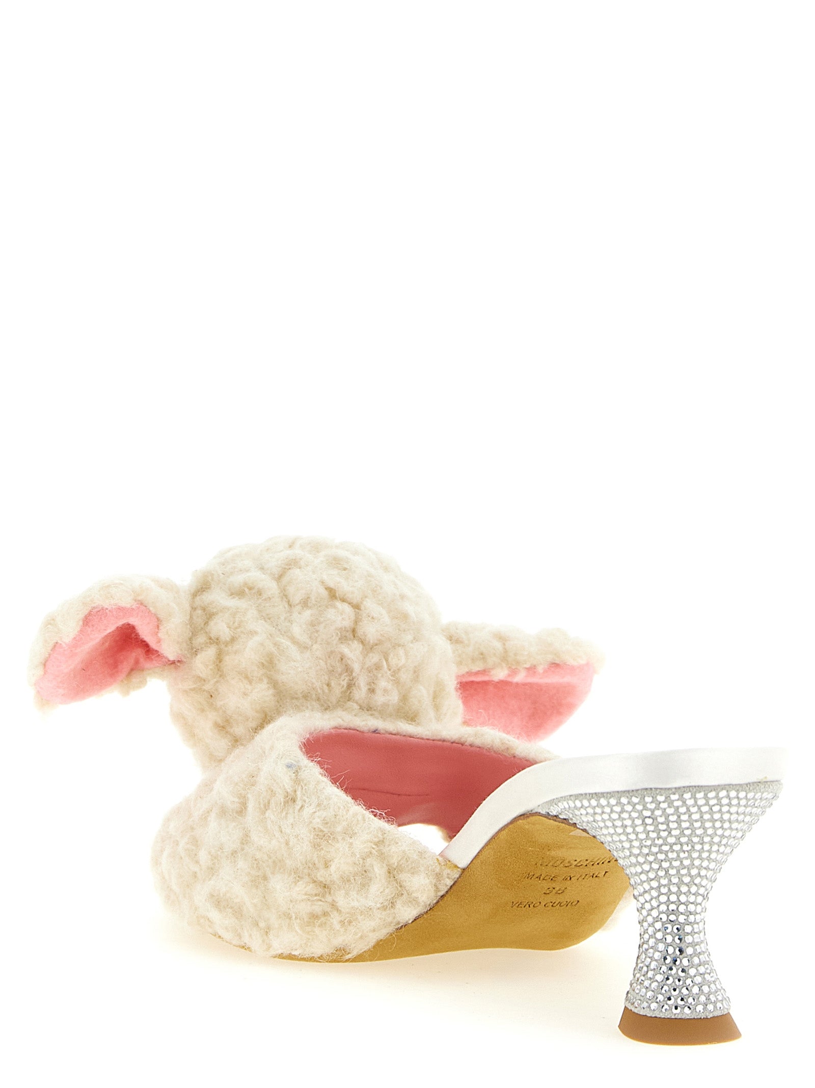 Mules Sandals Flat Shoes by Moschino for women in sheep leather & virgin wool cream, pink & white showcases a resplendent Women's Sheep Leather & Virgin Wool Mules Sandals Flat Shoes aesthetic with a and .