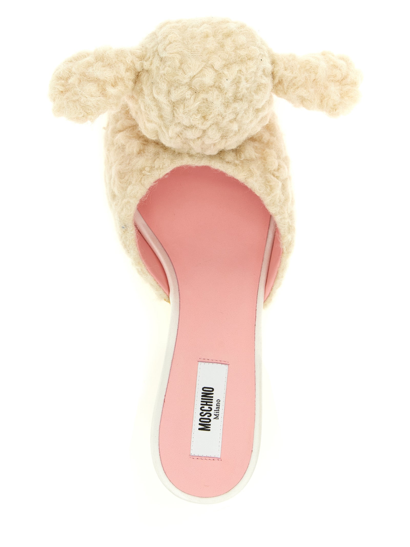 Mules Sandals Flat Shoes by Moschino for women in sheep leather & virgin wool cream, pink & white presents a impeccable silhouette as Women's Sheep Leather & Virgin Wool Mules Sandals Flat Shoes, artfully designed with a and a impeccable for a refined, upscale finish.