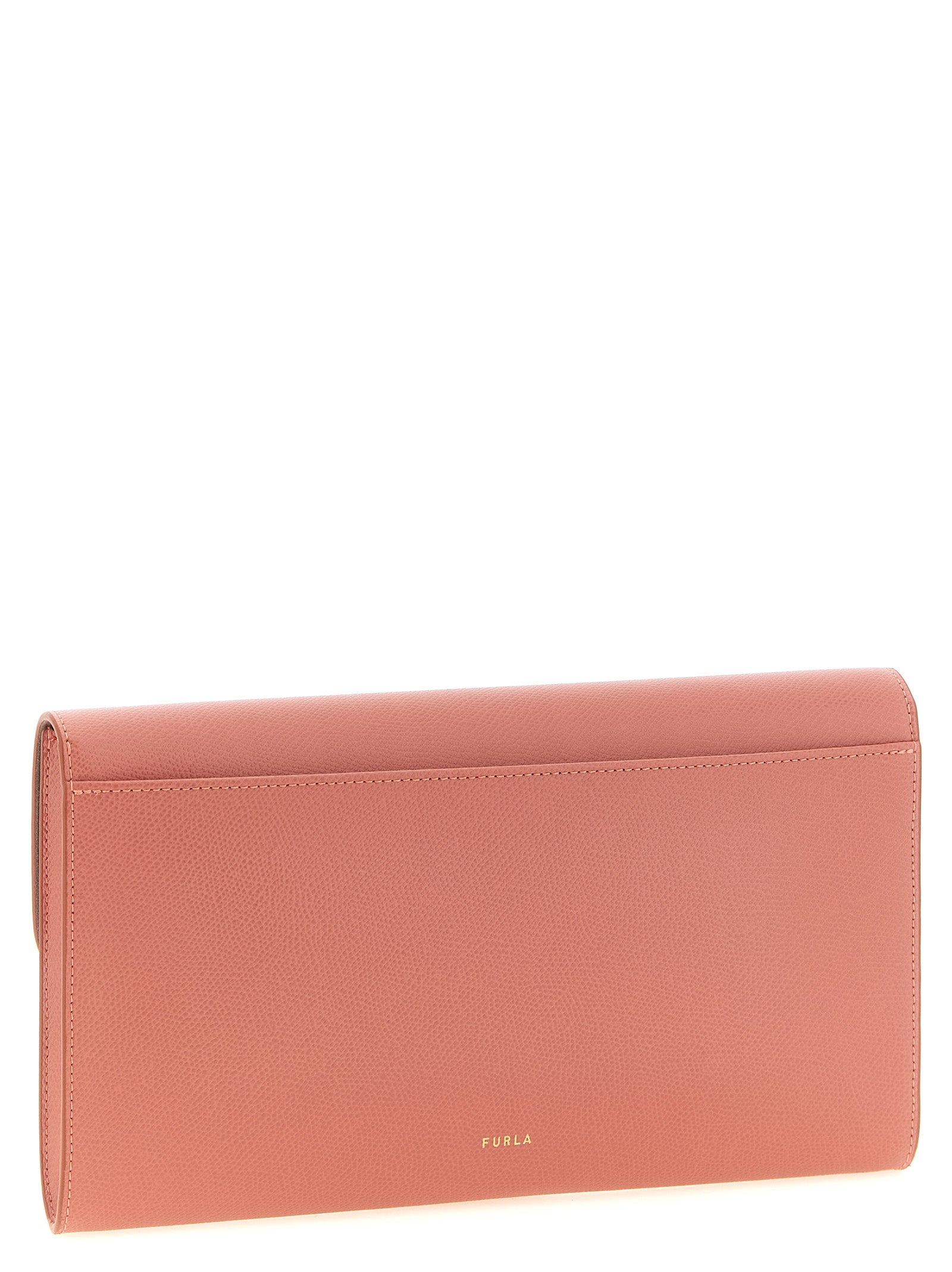 Clutch Handbag by Furla for women in calfskin leather coral, multicolor & pink features a sculptural silhouette with a secure , ample built-in-compartments & cardholder, and versatile for a sculptural finish.