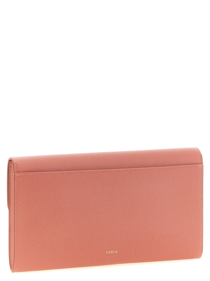 Clutch Handbag by Furla for women in calfskin leather coral, multicolor & pink features a sculptural silhouette with a secure , ample built-in-compartments & cardholder, and versatile for a sculptural finish.