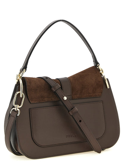 Flap Handbag by Furla for women in calfskin leather brown & gold features an refined silhouette, showcasing a secure flap & buckle, ample , and versatile handle & adjustable-strap for a sophisticated refined aesthetic.