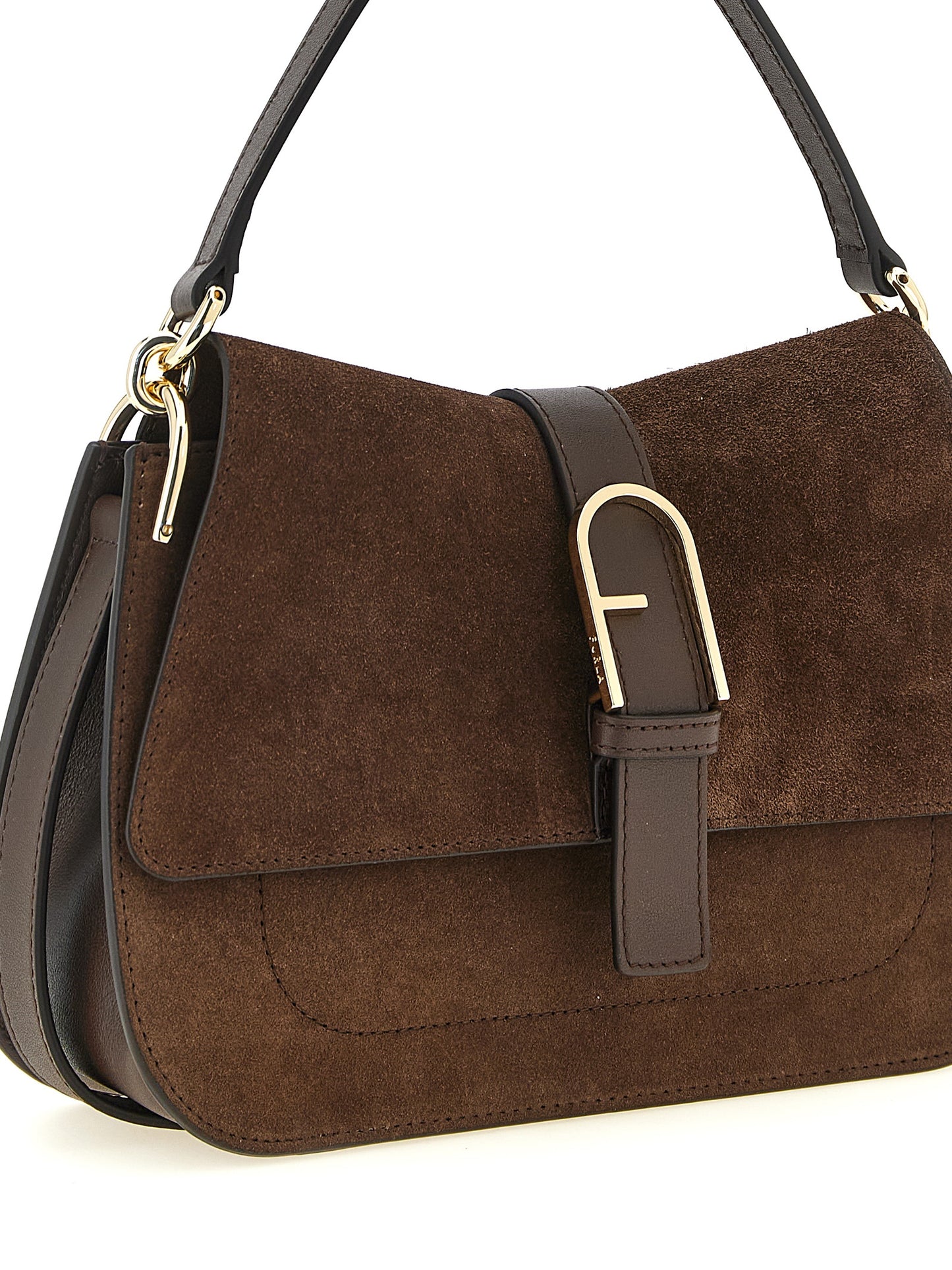 Flap Handbag by Furla for women in calfskin leather brown & gold presents a ornamental silhouette, showcasing a secure flap & buckle, ample , and versatile handle & adjustable-strap for a ornamental finish.