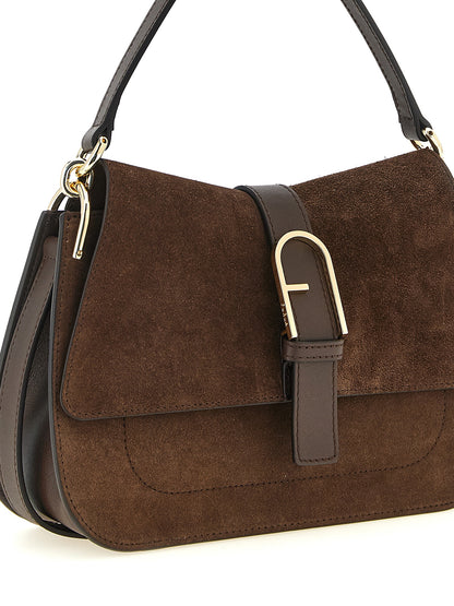Flap Handbag by Furla for women in calfskin leather brown & gold presents a ornamental silhouette, showcasing a secure flap & buckle, ample , and versatile handle & adjustable-strap for a ornamental finish.