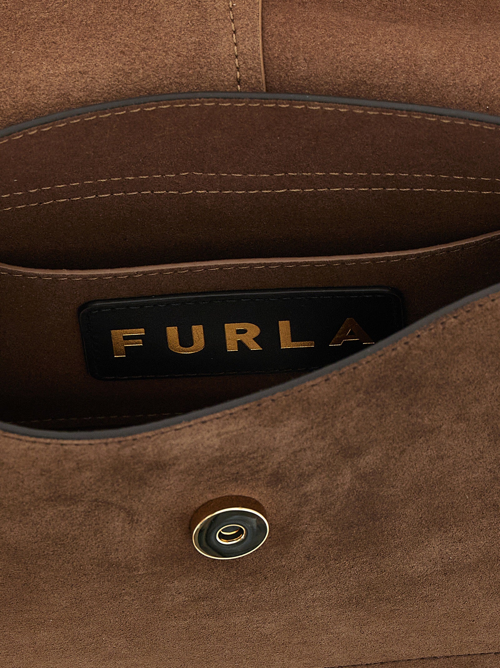Flap Handbag by Furla for women in calfskin leather brown & gold features a ornamental silhouette, showcasing a secure flap & buckle, ample , and ornamental handle & adjustable-strap for a sophisticated look.