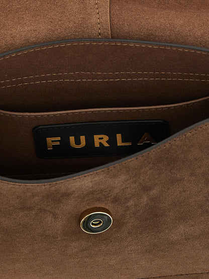 Flap Handbag by Furla for women in calfskin leather brown & gold features a ornamental silhouette, showcasing a secure flap & buckle, ample , and ornamental handle & adjustable-strap for a sophisticated look.