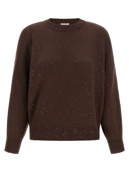 Cardigan by Brunello Cucinelli for women in silk cashmere & sequins brown features an impeccable silhouette, showcasing a sophisticated crew neckline and detail for a truly impeccable finish.