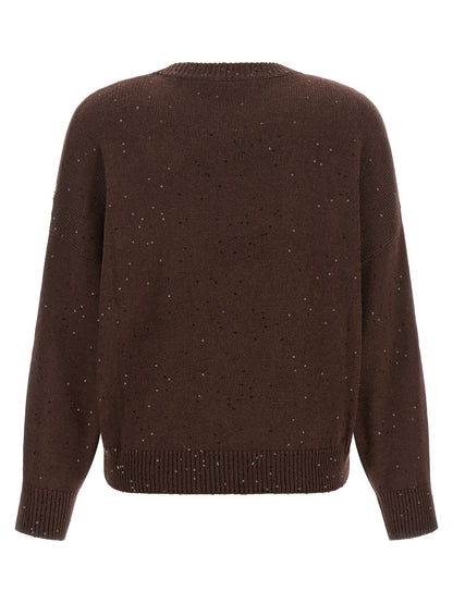 Cardigan by Brunello Cucinelli for women in silk cashmere & sequins brown presents a textural silhouette, artfully finished with a textural crew neckline and for a sophisticated, textural look.