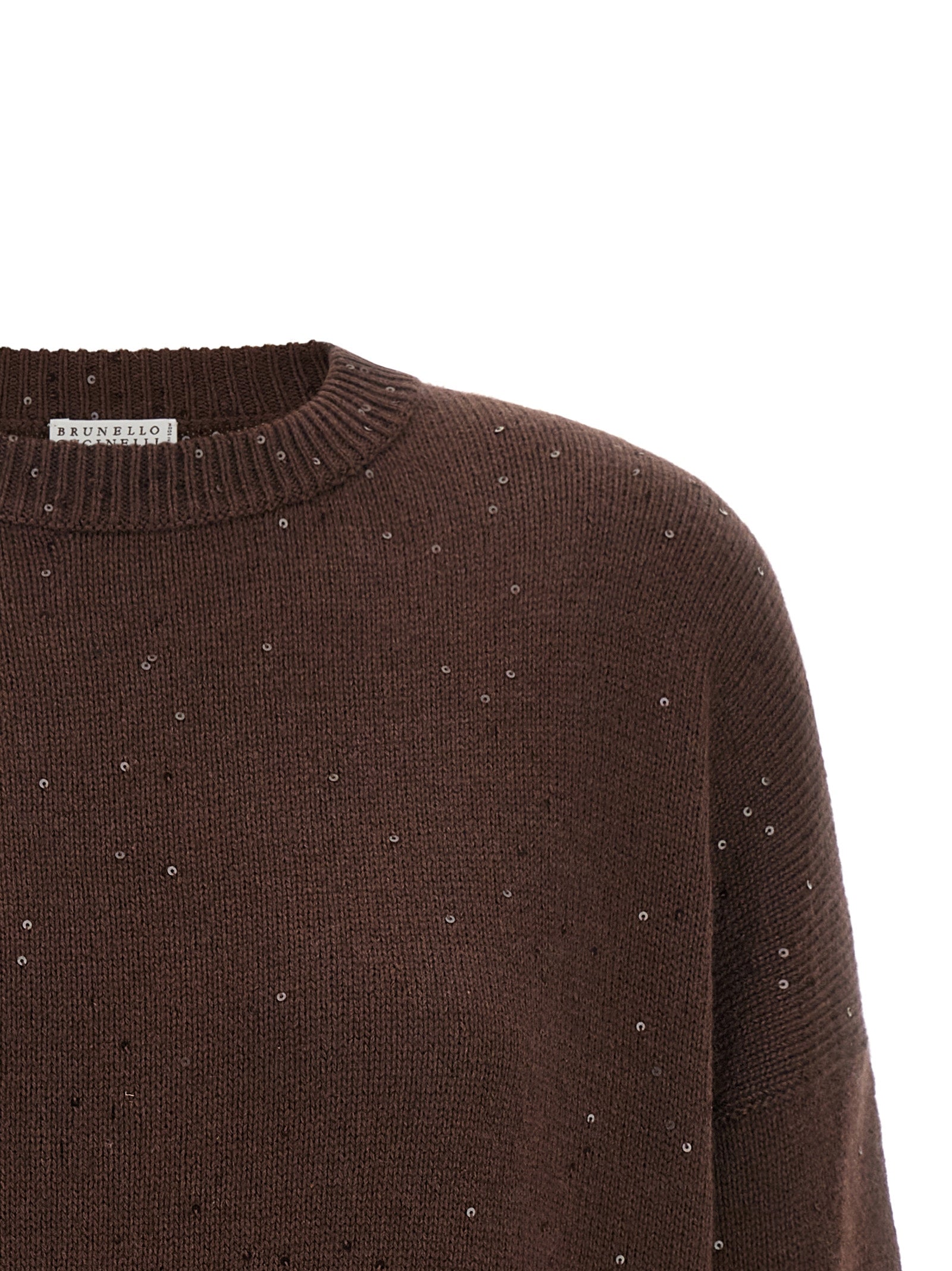 Cardigan by Brunello Cucinelli for women in silk cashmere & sequins brown features a dramatic silhouette, showcasing a sophisticated crew neckline and dramatic detail for a timeless, premium look.