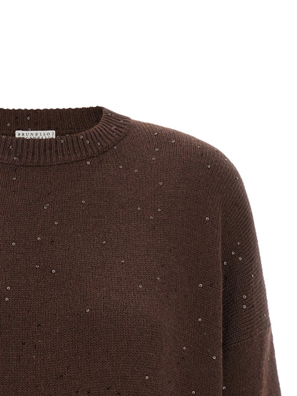 Cardigan by Brunello Cucinelli for women in silk cashmere & sequins brown features a dramatic silhouette, showcasing a sophisticated crew neckline and dramatic detail for a timeless, premium look.