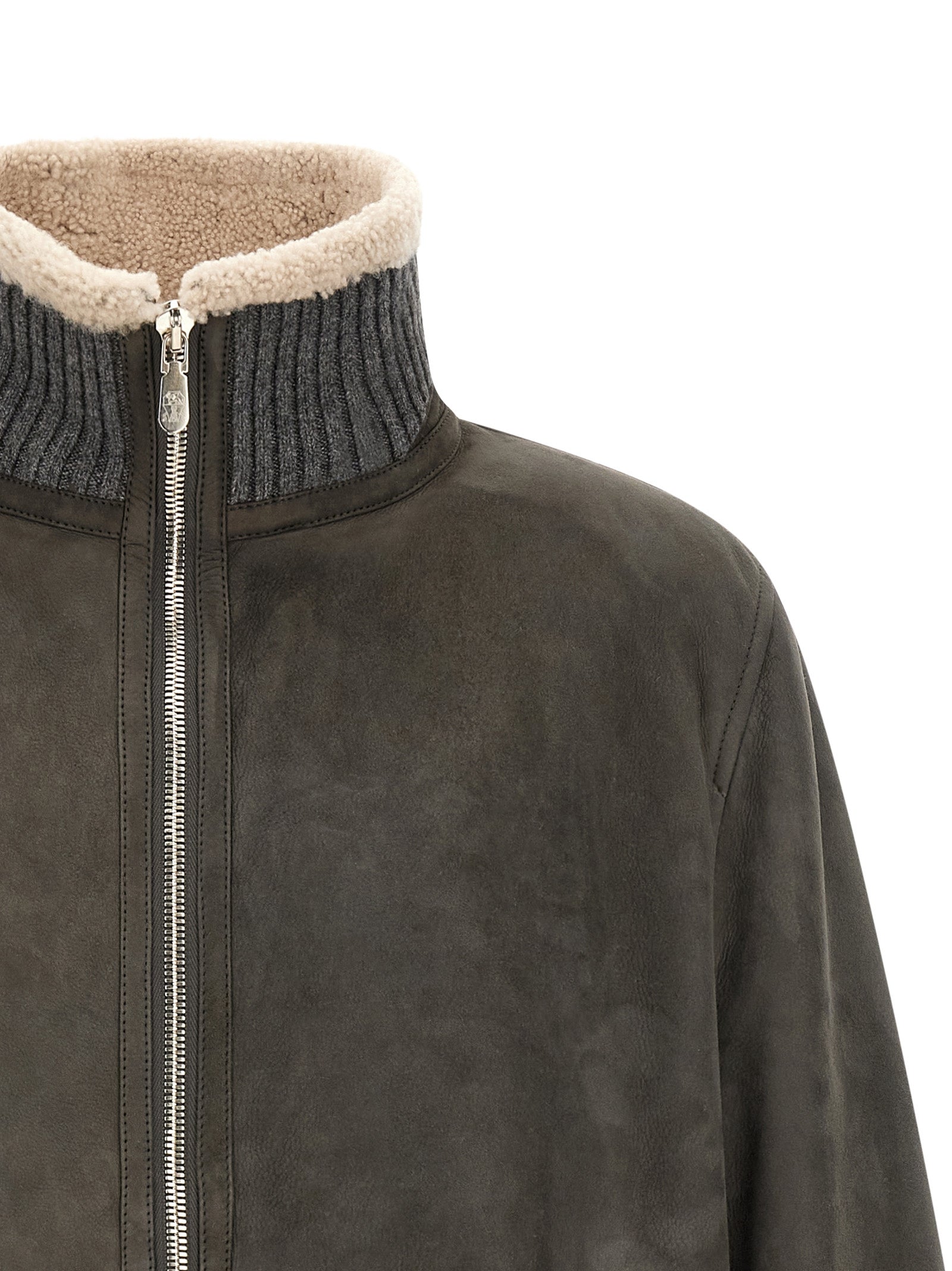 Jacket by Brunello Cucinelli for men in lambskin leather gray & silver showcases a contemporary silhouette, detailed with a contemporary and premium for a sophisticated finish.