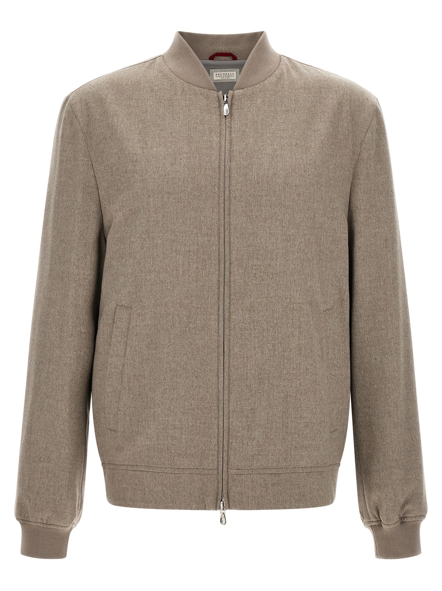 This Bomber Jacket by Brunello Cucinelli for men in nylon & cashmere gray exhibits a edgy silhouette, meticulously detailed with functional pockets and a edgy for a edgy finish.