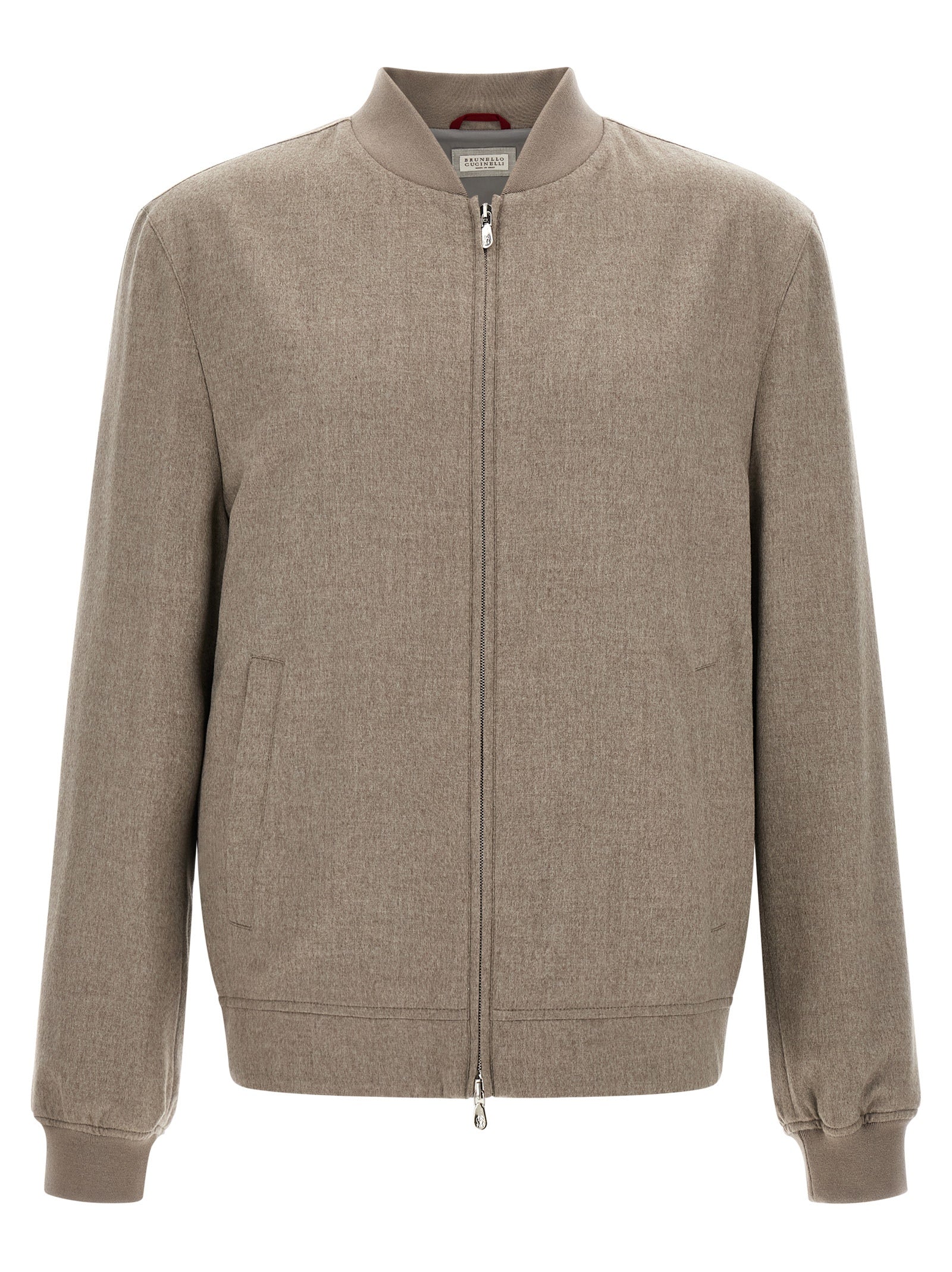 This Bomber Jacket by Brunello Cucinelli for men in nylon & cashmere gray exhibits a edgy silhouette, meticulously detailed with functional pockets and a edgy for a edgy finish.
