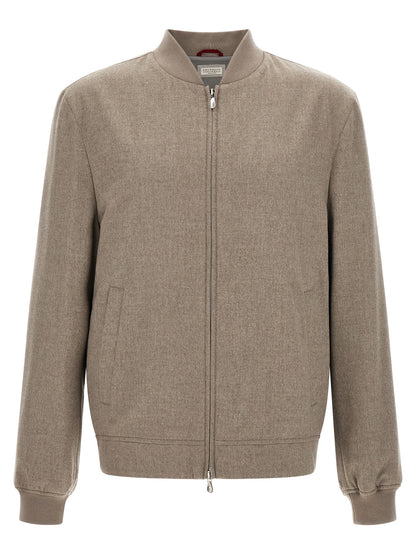 This Bomber Jacket by Brunello Cucinelli for men in nylon & cashmere gray exhibits a edgy silhouette, meticulously detailed with functional pockets and a edgy for a edgy finish.
