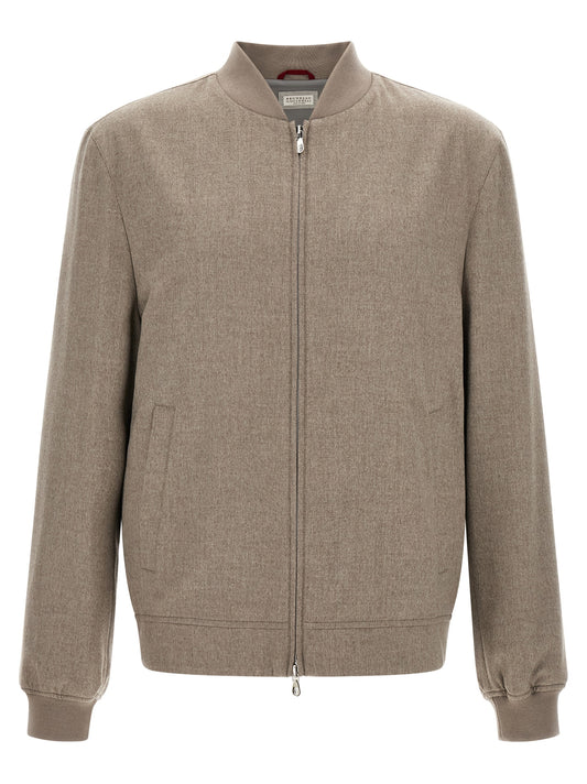 This Bomber Jacket by Brunello Cucinelli for men in nylon & cashmere gray exhibits a edgy silhouette, meticulously detailed with functional pockets and a edgy for a edgy finish.