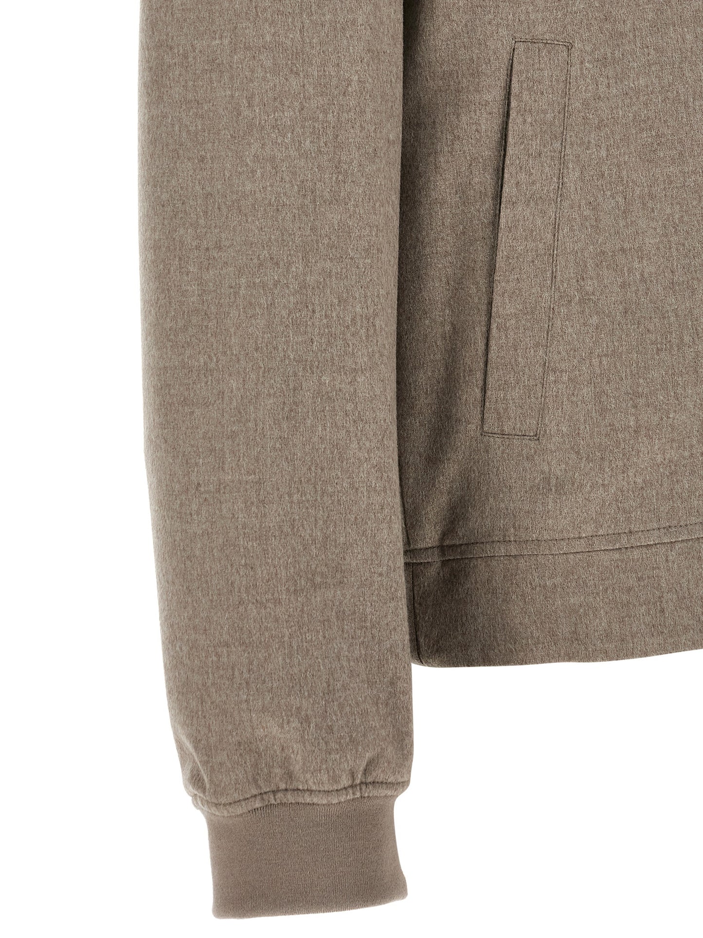 Bomber Jacket by Brunello Cucinelli for men in nylon & cashmere gray showcases a bohemian silhouette, artfully detailed with a bohemian and signature pockets for a truly bohemian finish.