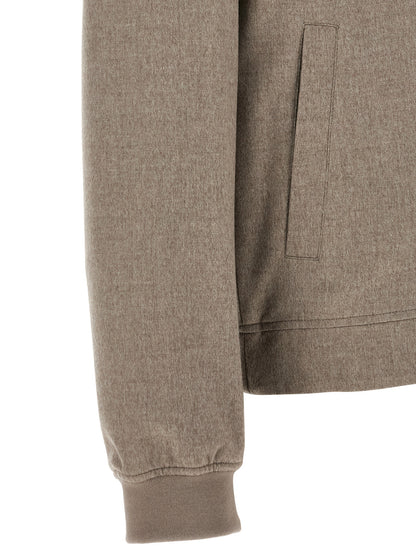 Bomber Jacket by Brunello Cucinelli for men in nylon & cashmere gray showcases a bohemian silhouette, artfully detailed with a bohemian and signature pockets for a truly bohemian finish.