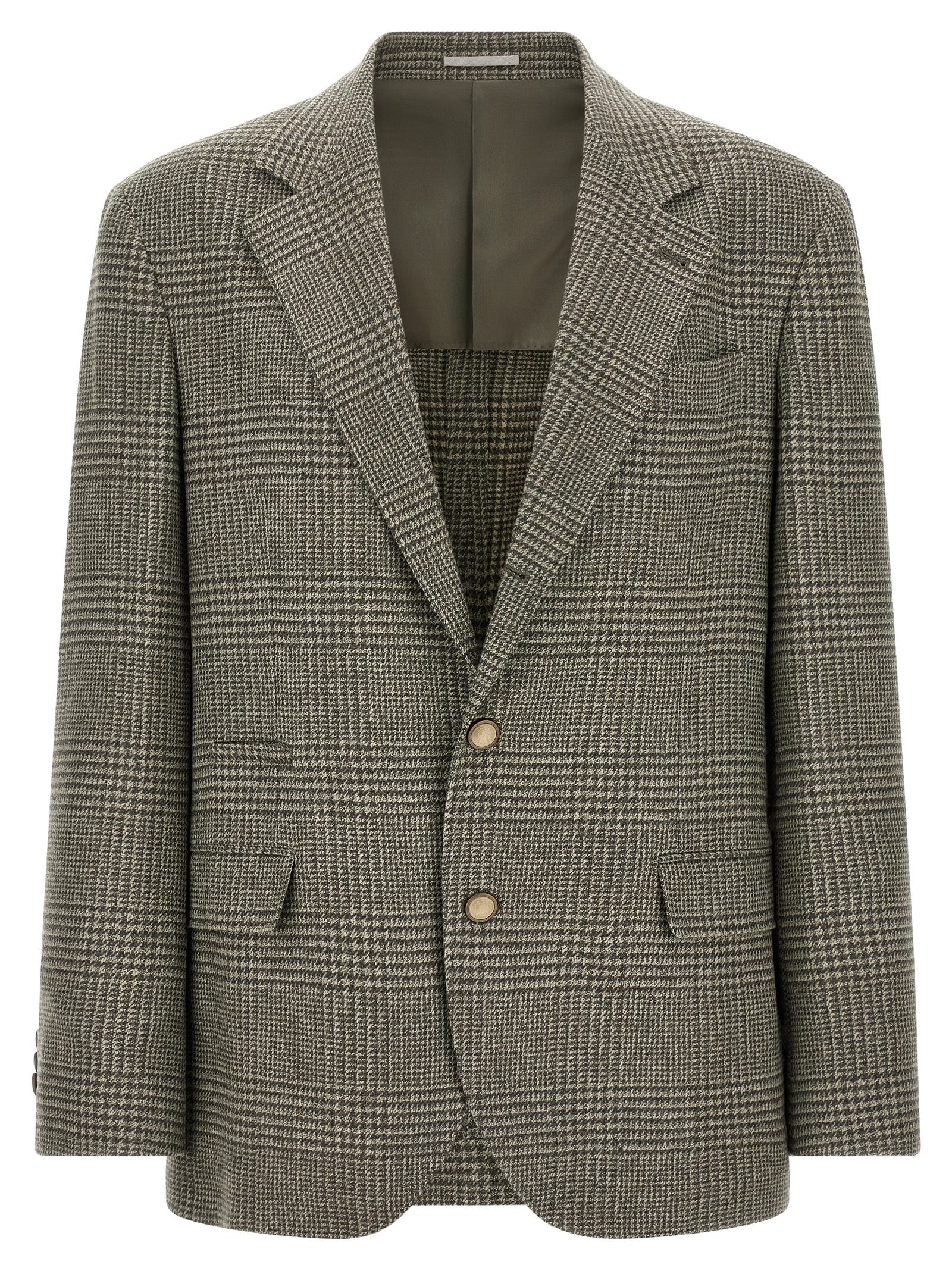 Blazer by Brunello Cucinelli for men in cashmere wool bicolour & military-green features an sartorial silhouette, showcasing a sophisticated and sartorial for a truly sartorial finish.