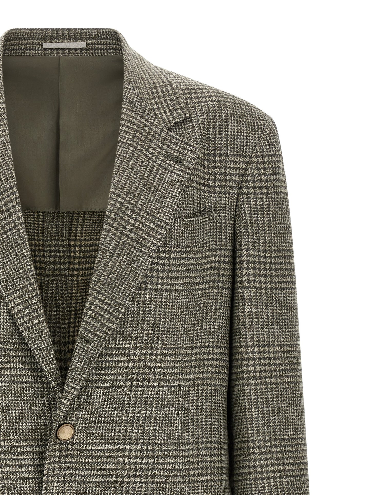 Blazer by Brunello Cucinelli for men in cashmere wool bicolour & military-green features an crisp silhouette with sophisticated and a crisp for a truly crisp finish.