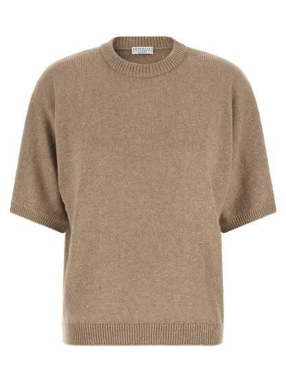 Cardigan by Brunello Cucinelli for women in cashmere silk sequins beige showcases a captivating silhouette, artfully detailed with a captivating and for a truly sophisticated captivating look.