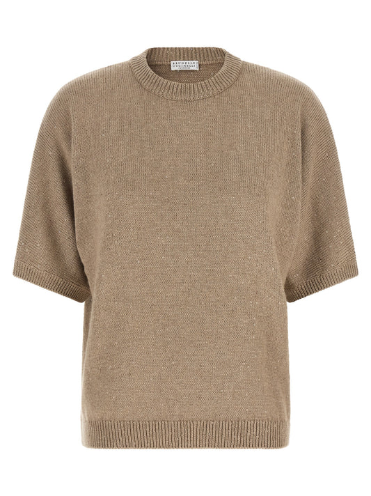 Cardigan by Brunello Cucinelli for women in cashmere silk sequins beige showcases a captivating silhouette, artfully detailed with a captivating and for a truly sophisticated captivating look.