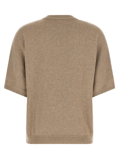 Cardigan by Brunello Cucinelli for women in cashmere silk sequins beige showcases a luxurious silhouette, meticulously detailed with a sophisticated and for a refined finish.