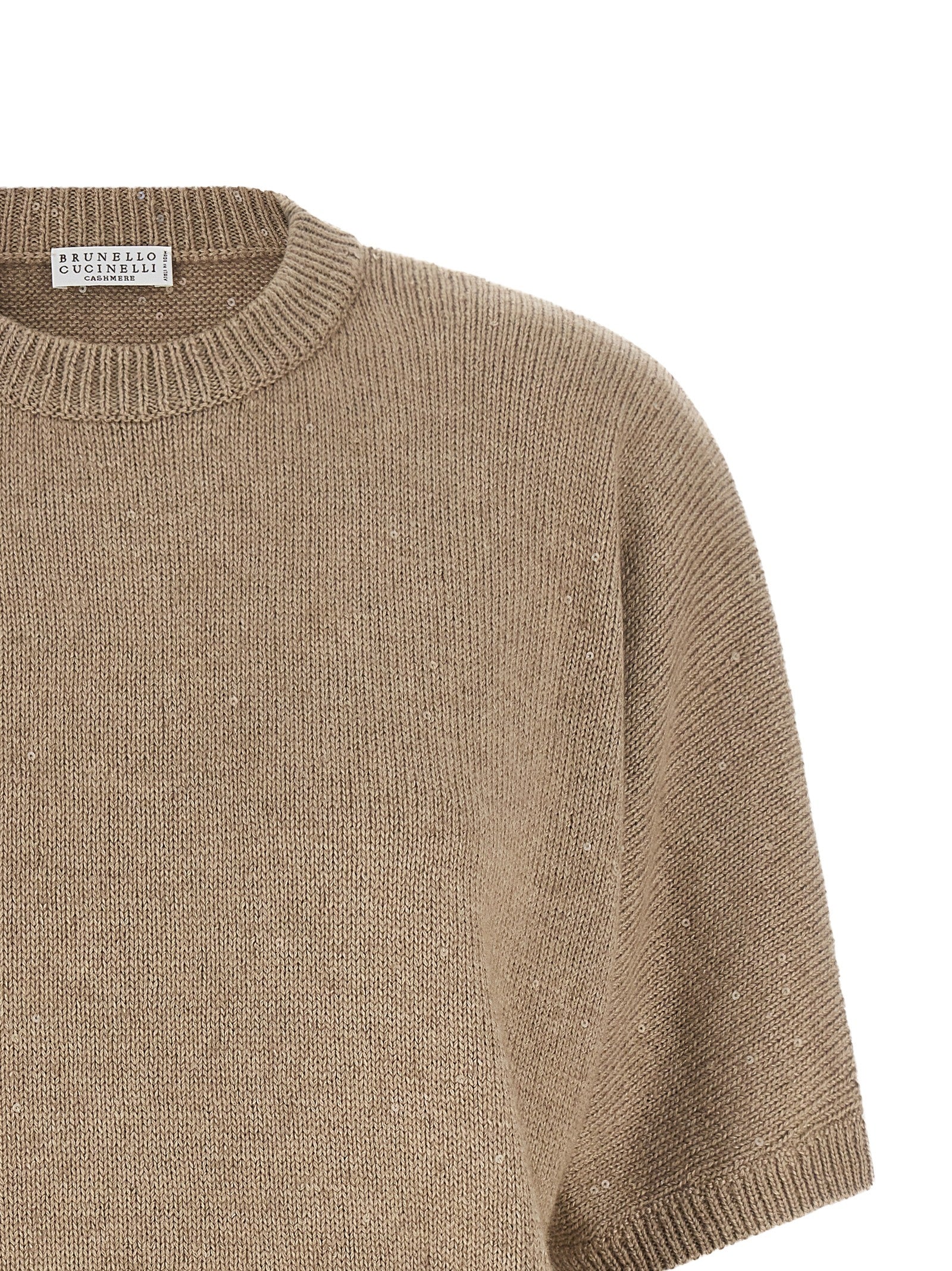 Cardigan by Brunello Cucinelli for women in cashmere silk sequins beige features a dramatic silhouette, showcasing a sophisticated and dramatic detail for a timeless, premium look.
