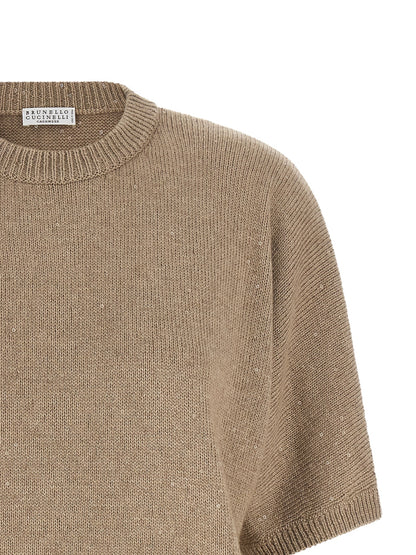 Cardigan by Brunello Cucinelli for women in cashmere silk sequins beige features a dramatic silhouette, showcasing a sophisticated and dramatic detail for a timeless, premium look.