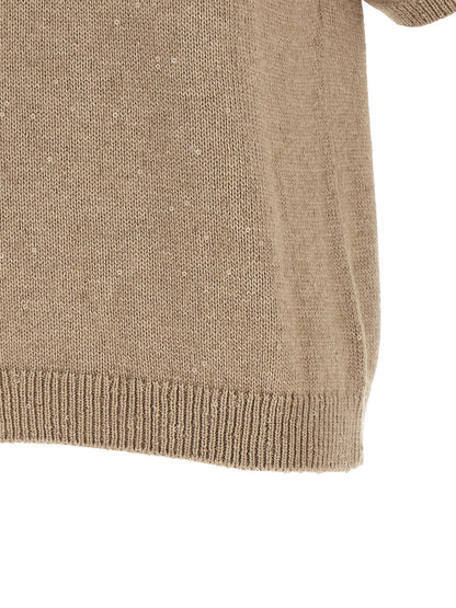 Cardigan by Brunello Cucinelli for women in cashmere silk sequins beige features a nuanced silhouette with a refined and nuanced detailing for a sophisticated look.