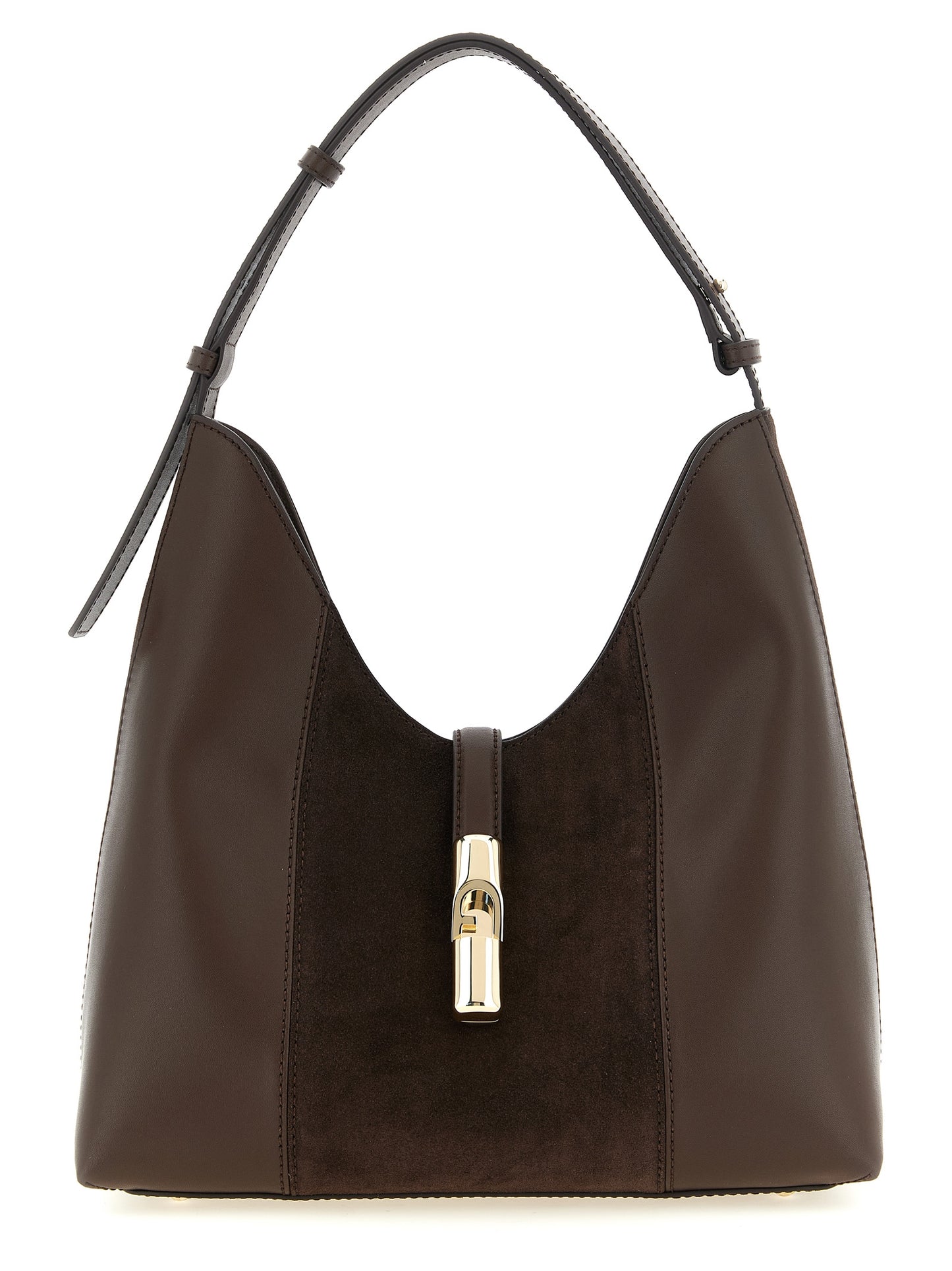 Shoulder Hobo Bag by Furla for women in calfskin leather brown features a statuesque silhouette, showcasing a secure zipper and statuesque with versatile shoulder-strap for a statuesque finish.
