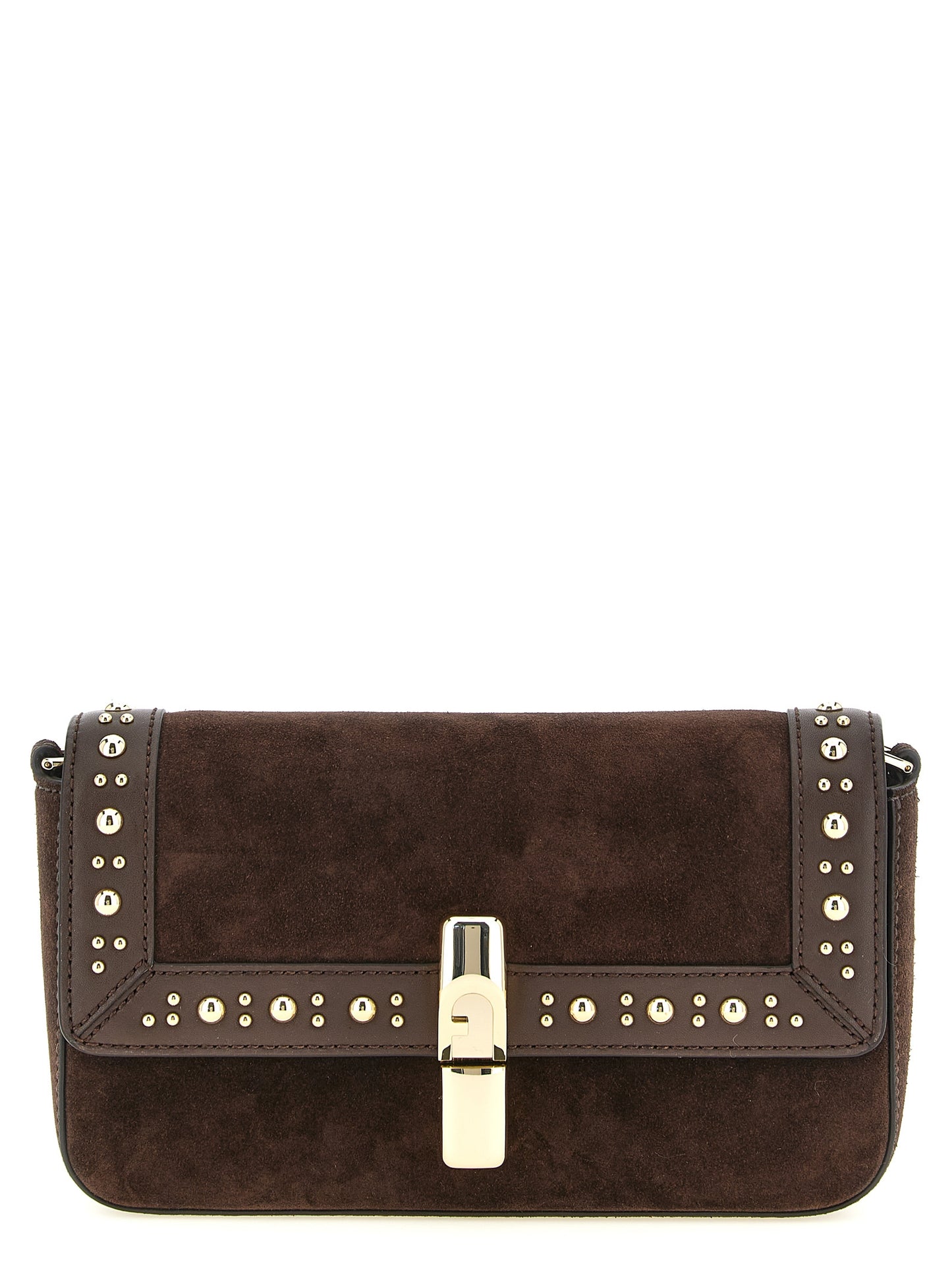Crossbody Handbag by Furla for women in brass zamak & calf leather brown & gold features a versatile chic silhouette, meticulously detailed with a secure magnetic, ample , and versatile crossbody-strap, shoulder-strap & adjustable-strap.