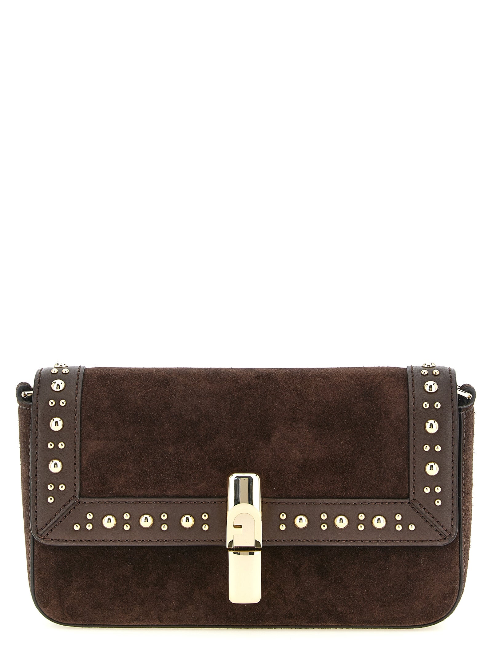 Crossbody Handbag by Furla for women in brass zamak & calf leather brown & gold features a versatile chic silhouette, meticulously detailed with a secure magnetic, ample , and versatile crossbody-strap, shoulder-strap & adjustable-strap.