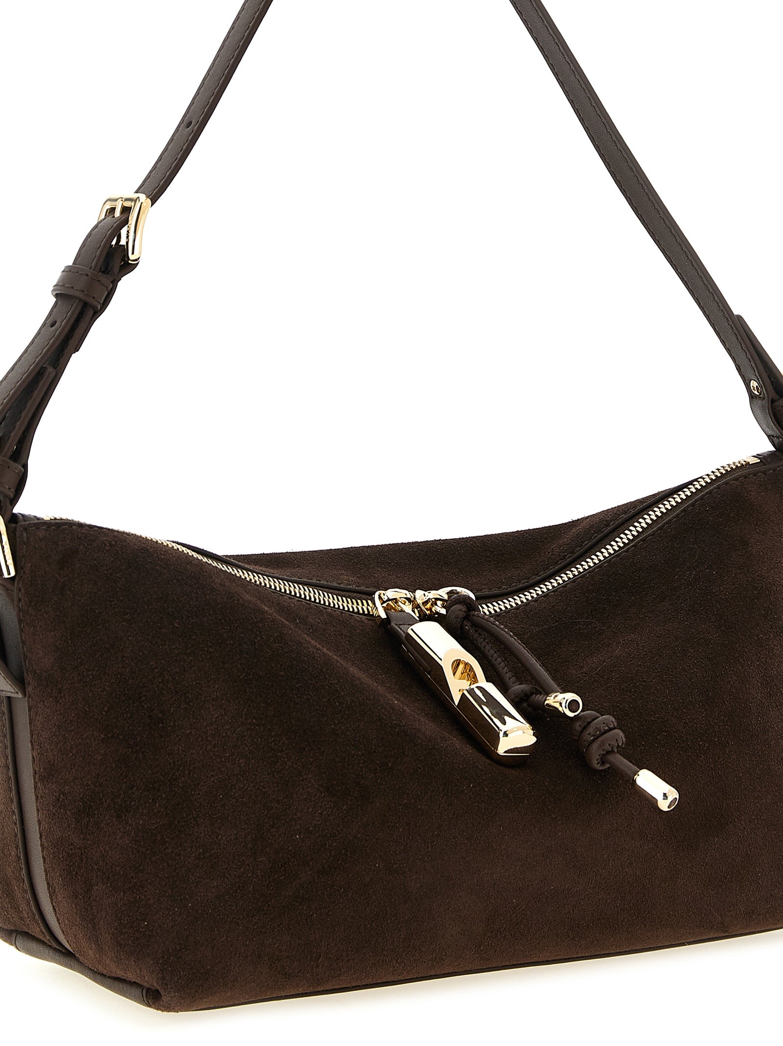 Shoulder Bag by Furla for women in bos taurus calf suede leather brown & gold features a stately silhouette, showcasing a secure zipper, ample , and stately shoulder-strap & adjustable-strap for a stately finish.