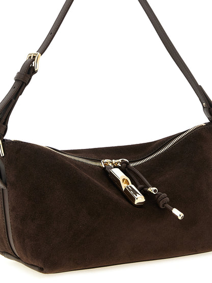 Shoulder Bag by Furla for women in bos taurus calf suede leather brown & gold features a stately silhouette, showcasing a secure zipper, ample , and stately shoulder-strap & adjustable-strap for a stately finish.