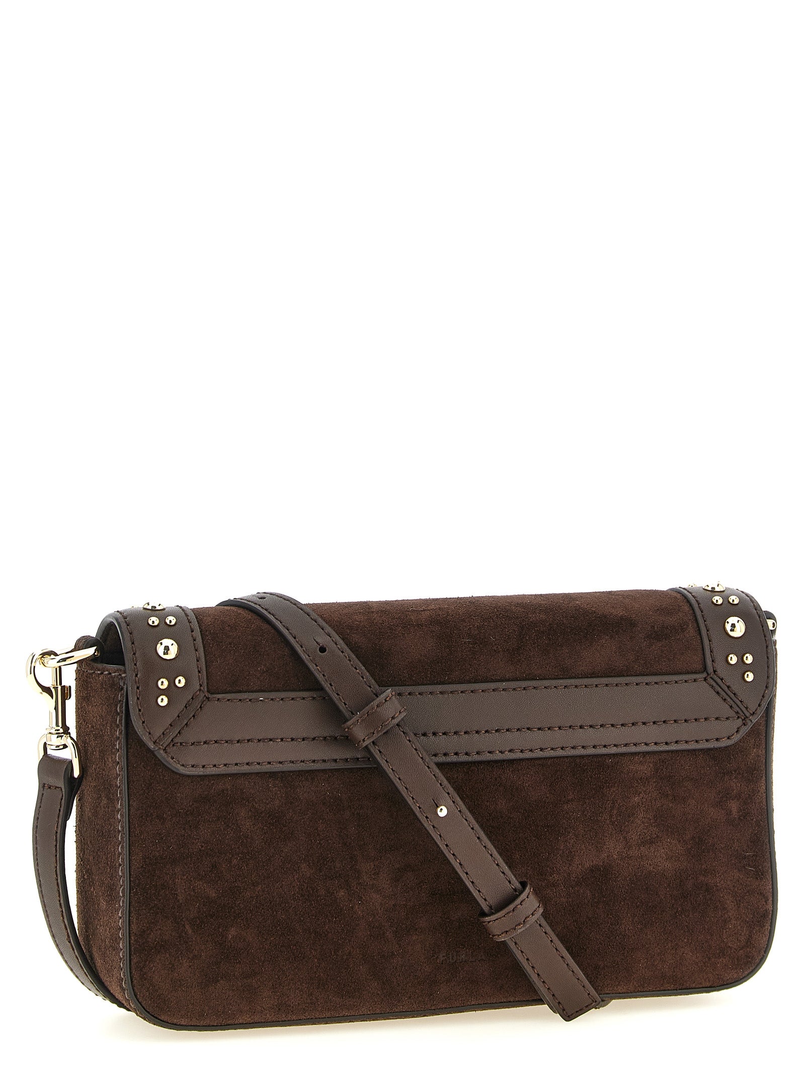 Crossbody Handbag by Furla for women in brass zamak & calf leather brown & gold features an versatile silhouette, showcasing a secure magnetic and versatile with versatile crossbody-strap, shoulder-strap & adjustable-strap for a versatile finish.