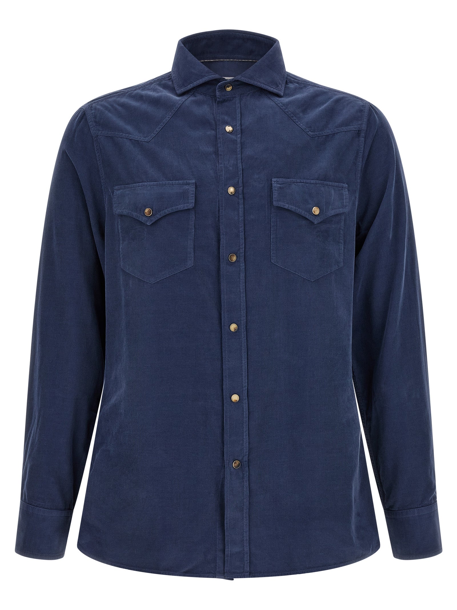 Shirt by Brunello Cucinelli for men in cotton corduroy navy features an architectural silhouette with a refined and elegant for a architectural look.