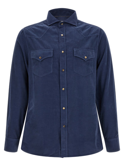 Shirt by Brunello Cucinelli for men in cotton corduroy navy features an architectural silhouette with a refined and elegant for a architectural look.