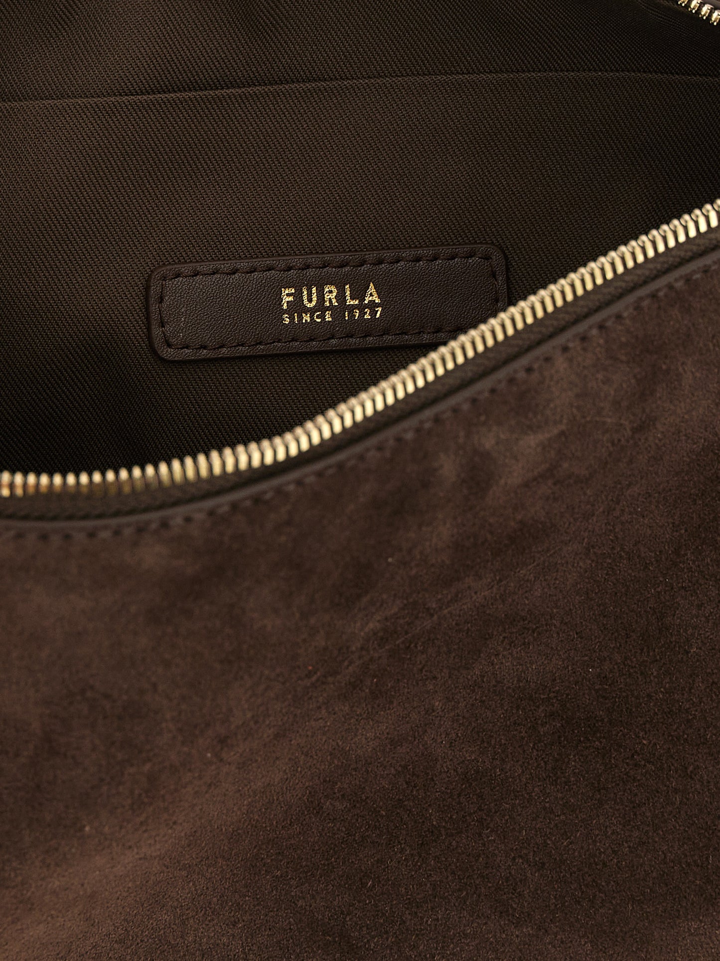 Shoulder Bag by Furla for women in bos taurus calf suede leather brown & gold features a statuesque silhouette, showcasing a secure zipper and statuesque with versatile shoulder-strap & adjustable-strap for a statuesque finish.