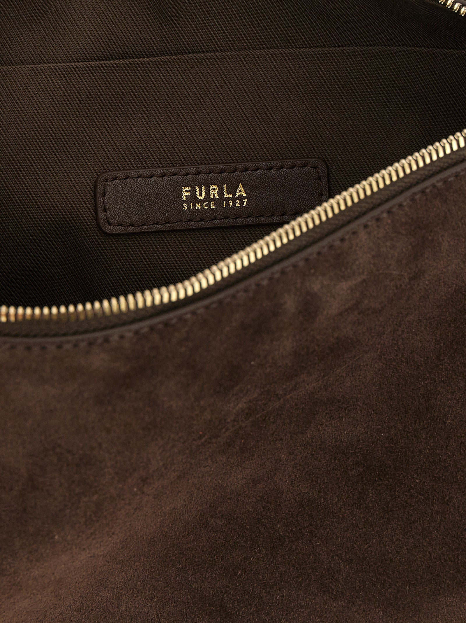Shoulder Bag by Furla for women in bos taurus calf suede leather brown & gold features a statuesque silhouette, showcasing a secure zipper and statuesque with versatile shoulder-strap & adjustable-strap for a statuesque finish.