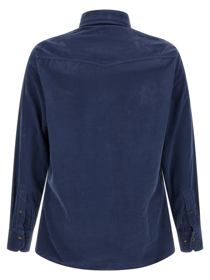 Shirt by Brunello Cucinelli for men in cotton corduroy navy showcases a sublime silhouette, artfully detailed with a sublime and for a sophisticated, sublime finish.
