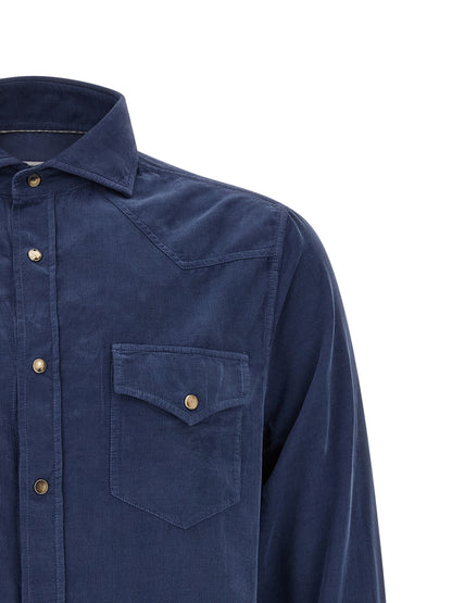 Shirt by Brunello Cucinelli for men in cotton corduroy navy presents a discerning silhouette, showcasing a sophisticated and for a truly discerning finish.