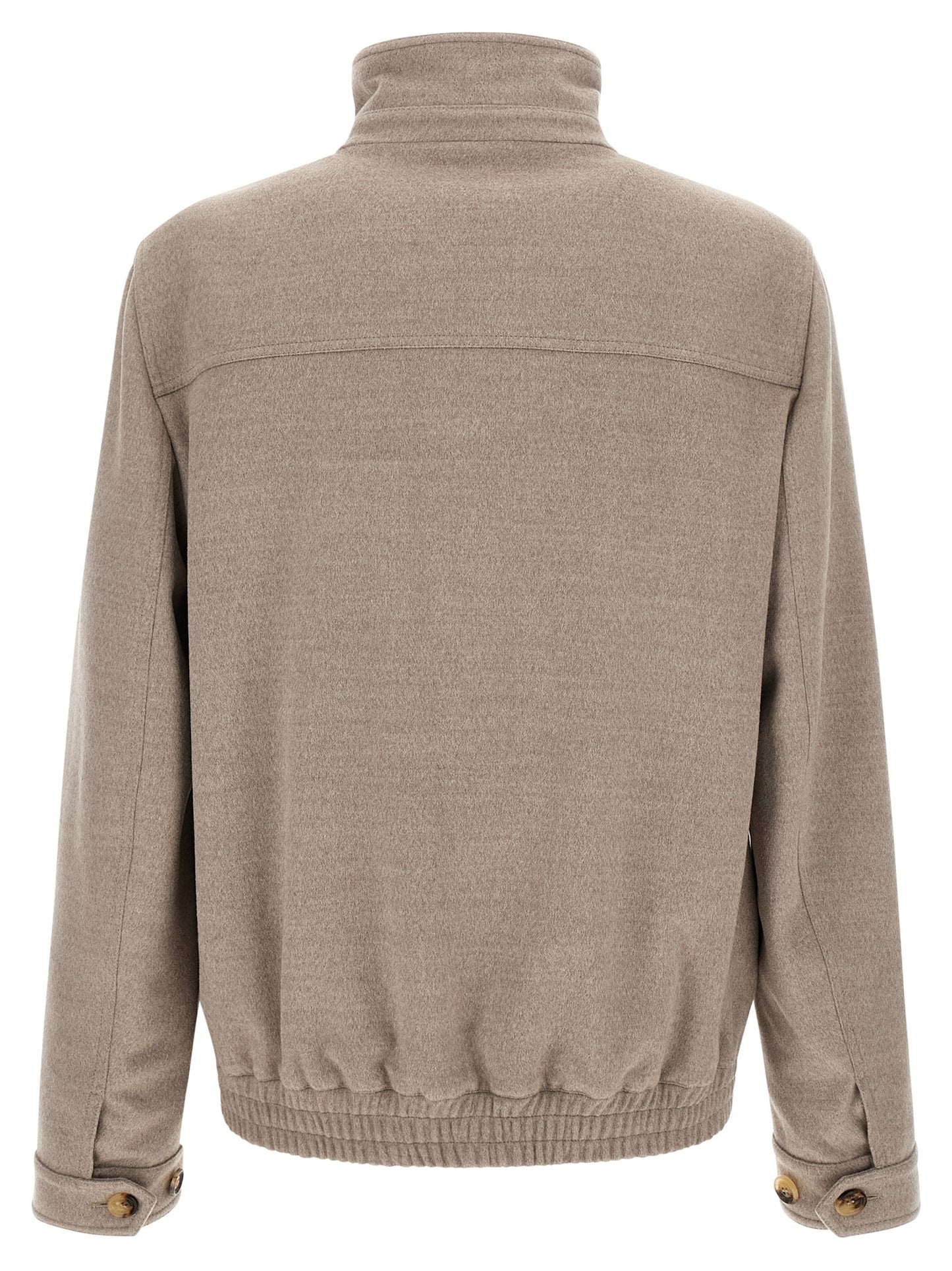 This Bomber Jacket by Brunello Cucinelli for men in virgin wool beige & horn exhibits a edgy silhouette, meticulously detailed with functional pockets and a edgy for a edgy finish.