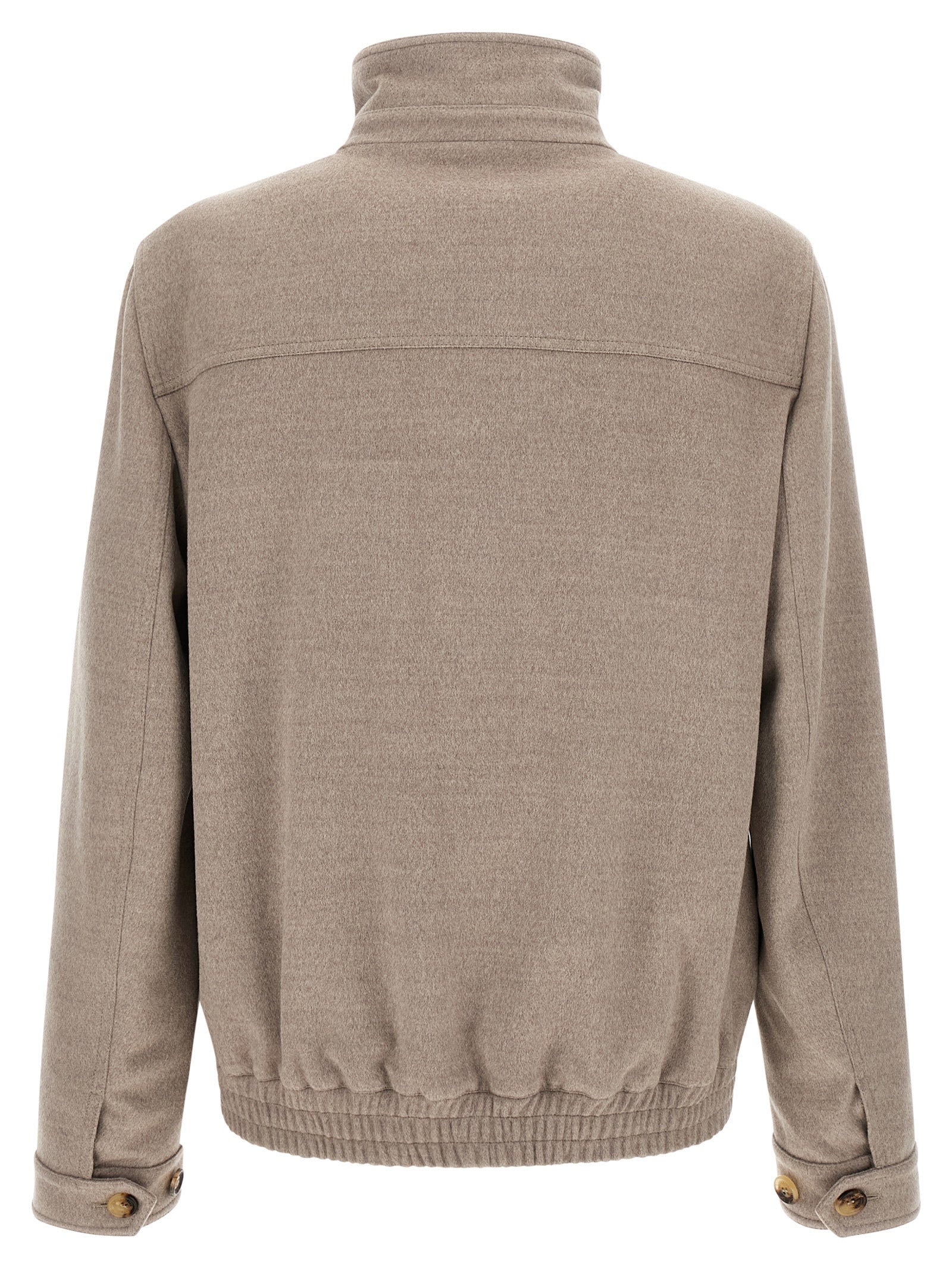 This Bomber Jacket by Brunello Cucinelli for men in virgin wool beige & horn exhibits a edgy silhouette, meticulously detailed with functional pockets and a edgy for a edgy finish.
