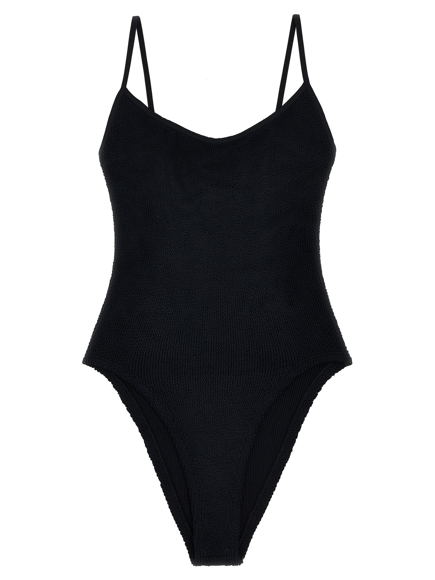 One-Piece Swimsuit by Hunza G for women in stretch polyamide black showcases a captivating silhouette, artfully capturing the essence of the captivating Women's Stretch Polyamide One-Piece Swimsuit design for a sophisticated look.